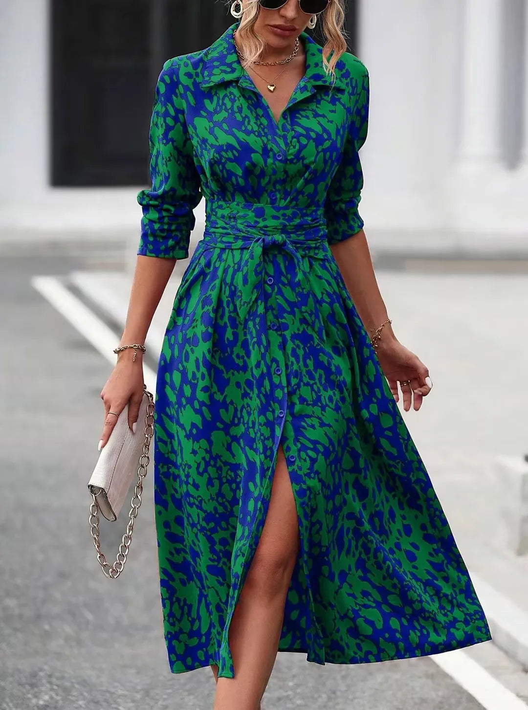 Elegante impressão aleatória botão para baixo camisa vestido feminino manga longa com cinto cintura midi vestido primavera outono escritório vestido casual