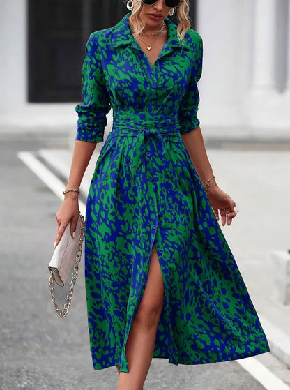 Elegante impressão aleatória botão para baixo camisa vestido feminino manga longa com cinto cintura midi vestido primavera outono escritório vestido casual