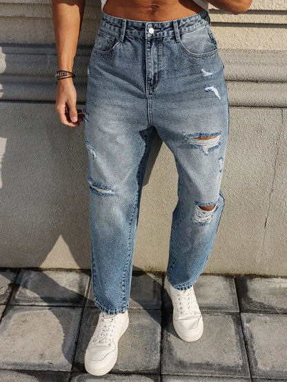 Jeans rasgados azuis masculinos, calças de mendigo retrô desgastadas, calças harém soltas de tendência de rua