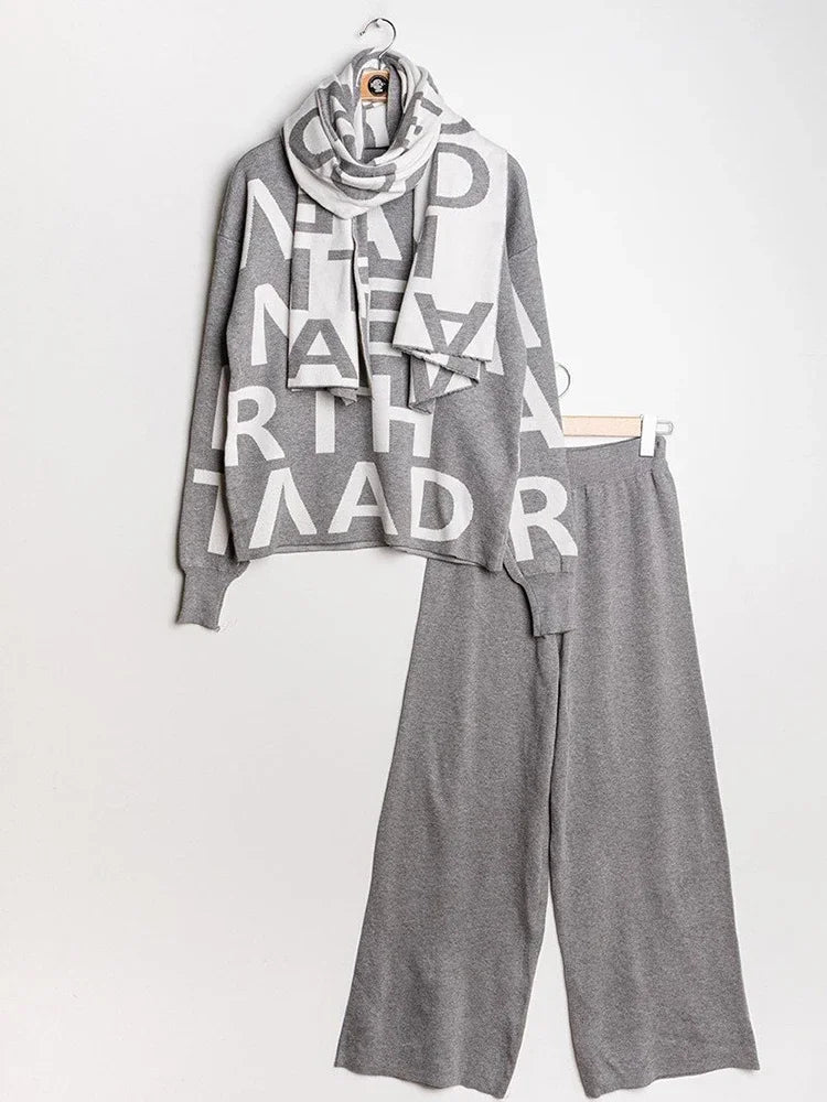 Casual malha outono inverno feminino 2 peça conjunto tornozelo comprimento calças de perna larga terno coreia carta impressão camisola topos cachecol conjunto