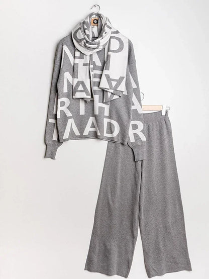 Casual malha outono inverno feminino 2 peça conjunto tornozelo comprimento calças de perna larga terno coreia carta impressão camisola topos cachecol conjunto