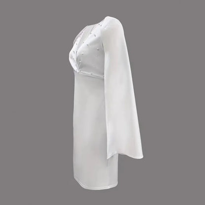 Saia Midi Elegante com Decote em V e Zíper Traseiro para Mulheres, Saia Estilosa com Aplicações de Pérolas, Estilo Elegante em Poliéster