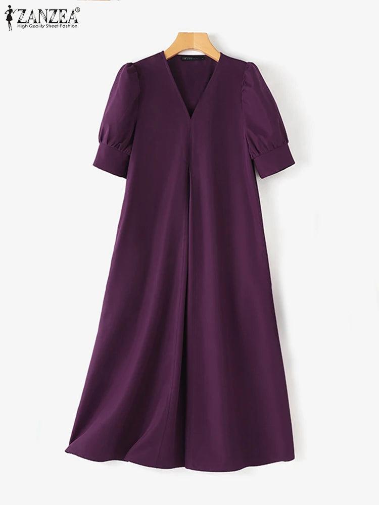 ZANZEA-Vestido plissado com decote em v feminino, monocromático, Puff manga curta, vestido Midi, solto, grandes dimensões, street fashion, verão, elegante, 2024
