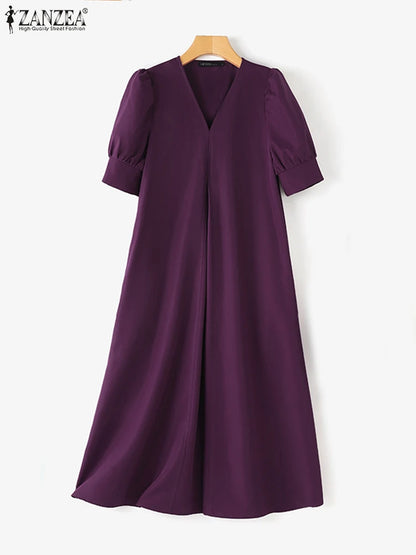 ZANZEA-Vestido plissado com decote em v feminino, monocromático, Puff manga curta, vestido Midi, solto, grandes dimensões, street fashion, verão, elegante, 2024