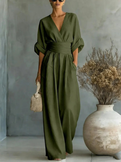 Sexy Deep V Neck Women's Jumpsuits Elegant High Waist Romper Casual Wide Leg Loose Pants Overalls Vacation Outfits MYQ-ZY7723