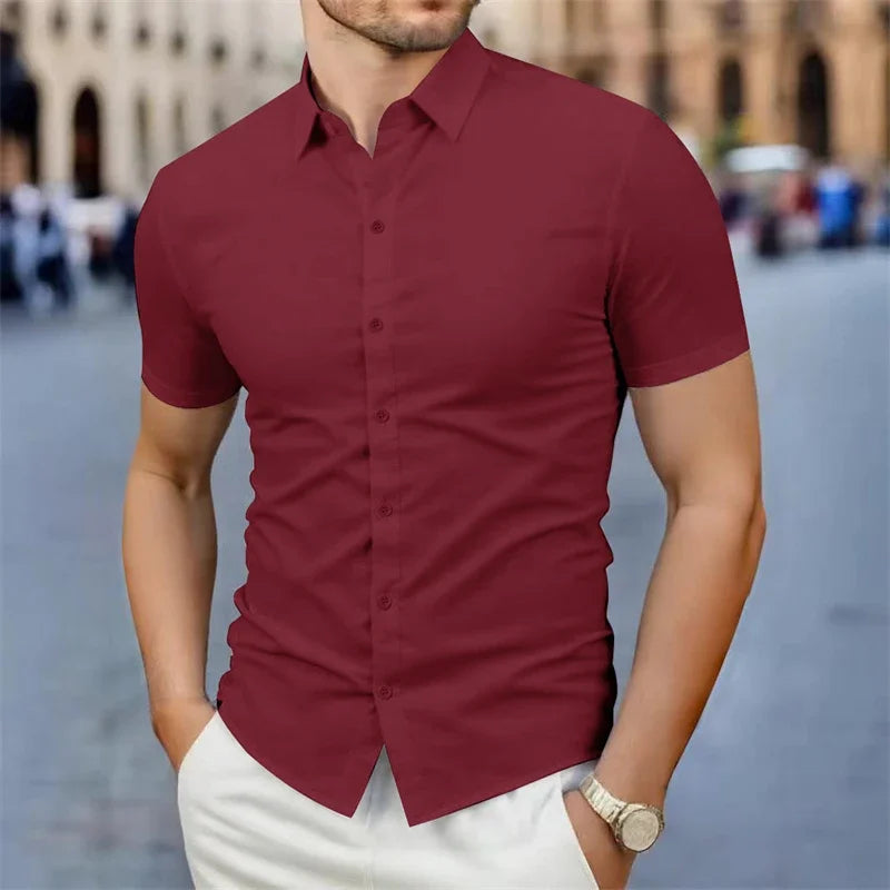New Men's Business Casual Solid Color Short Sleeved Shirt for Summer Fashion No Ironing Comfortable and Versatile Top