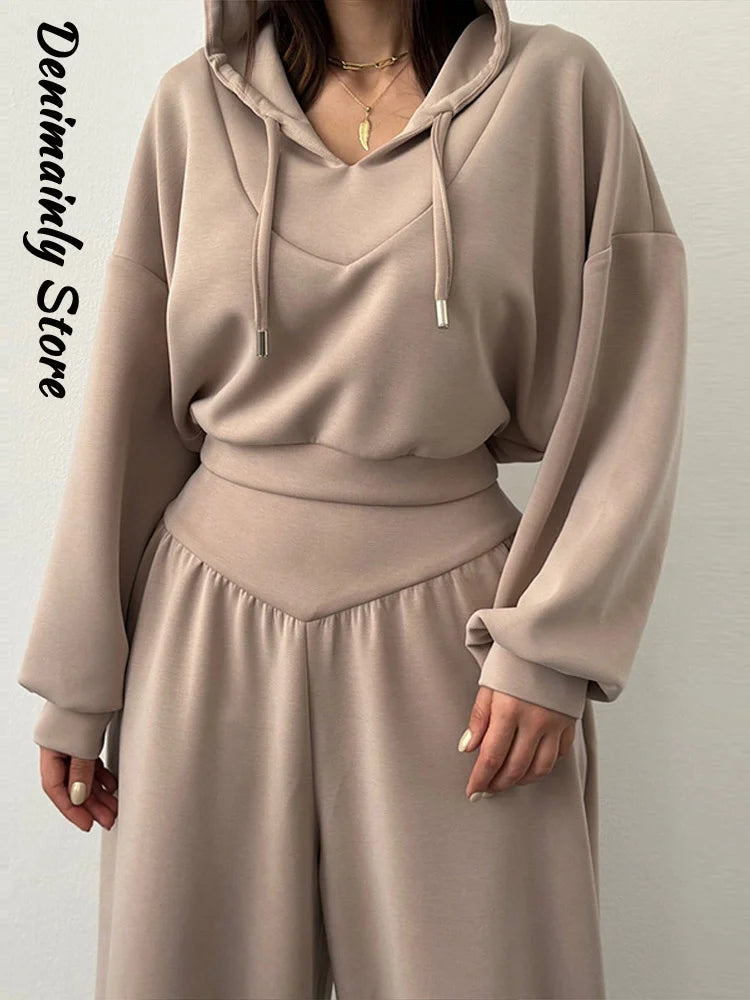 Casual azul escuro recortado calças com capuz conjunto feminino solto curto pulôver cintura alta calças de perna larga 2 peça conjunto 2026 femmes outfit