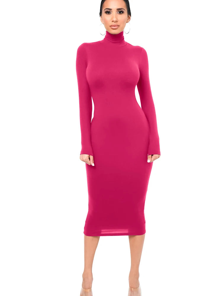 Inverno preto gola alta sexy vestido feminino outono manga longa magro midi boydcon casual azul pelúcia na altura do joelho festa clube