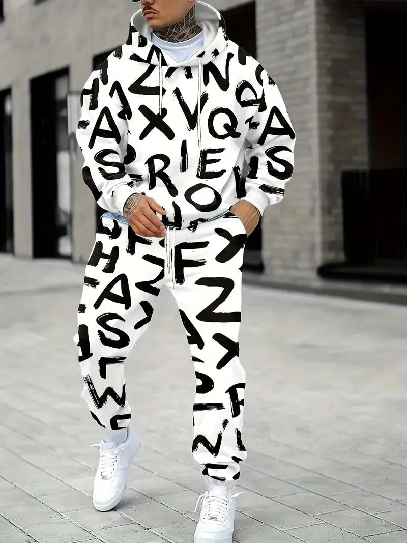 O novo conjunto masculino para primavera e outono de 2025, é uma impressão de letras 3D casual, macia e confortável