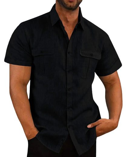 Camisa masculina de manga curta, cor sólida, moderna, com dois bolsos no peito, ideal para o verão. Cardigã casual para uso externo.