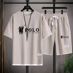 2025 camiseta masculina de manga curta + shorts esportivos de duas peças verão moda respirável fitness casual jogging conjunto.