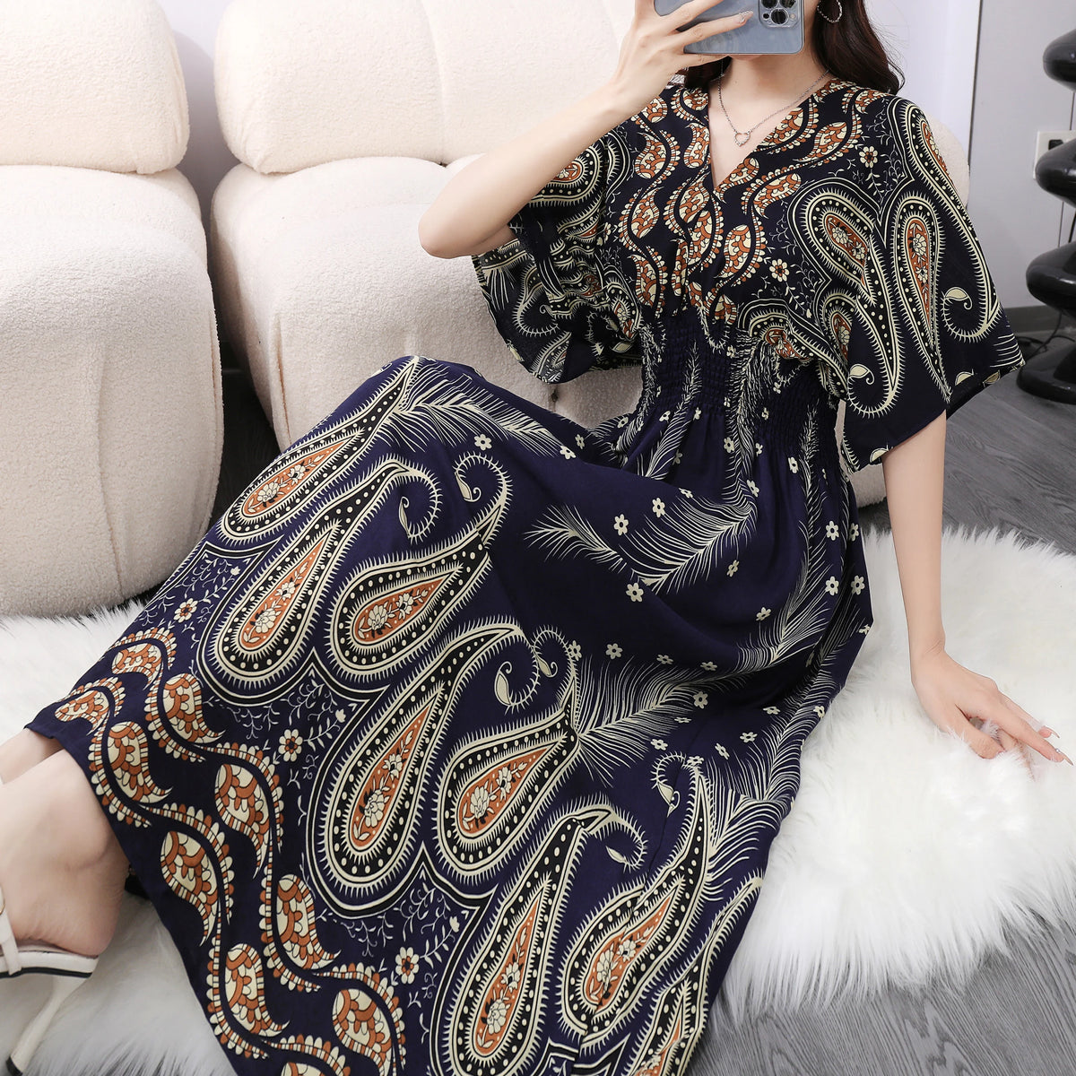 Flor colorida com decote em v elástico jovem boêmio doce midi vestido mulher roupas chique moda vestidos de verão 2025 grande balanço esqui