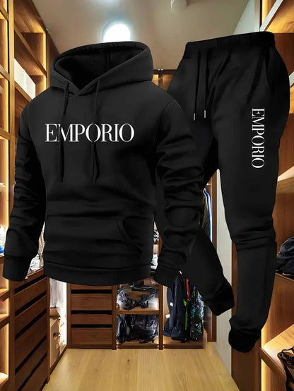 Conjunto de agasalho de cor sólida masculino, moletom quente de inverno com capuz e corredores, roupa casual streetwear, roupas atléticas de treino de ginástica