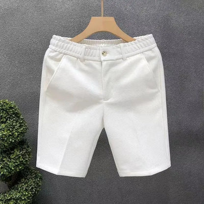 Calças de alfaiataria brancas leves para homens, estilo casual de negócios, calças modernas de verão, calças slim de 5 pontos estilo coreano.