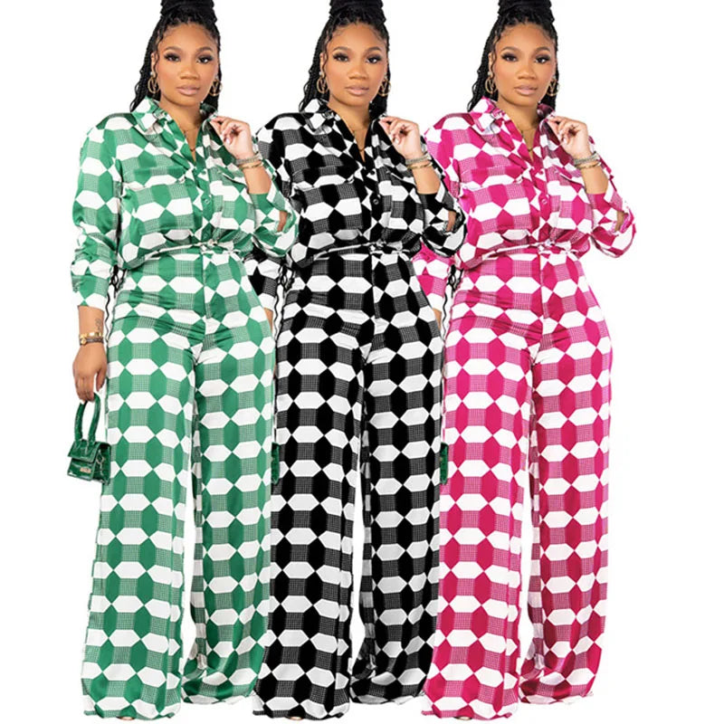 Conjuntos de calças com estampa xadrez, 2 peças, roupas femininas, elegante, camisa de manga comprida, top e calças de pernas largas, conjuntos de roupas de trabalho, clube