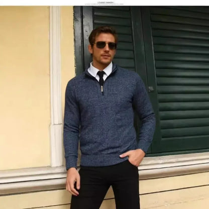 Suéter Masculino Casual de Tricô com Meio Zíper e Gola, Pulôver de Inverno com Listras Verticais, Camisa Base Confortável de Tecido Macio