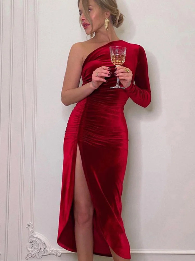 Feminino elegante manga longa festa noite veludo bodycon split lápis midi vestido primavera outono roupas