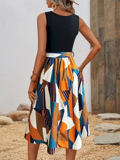 Vestido feminino de verão sem mangas, com estampa em blocos de cores e cinto na cintura, ideal para férias, vestido fluido.