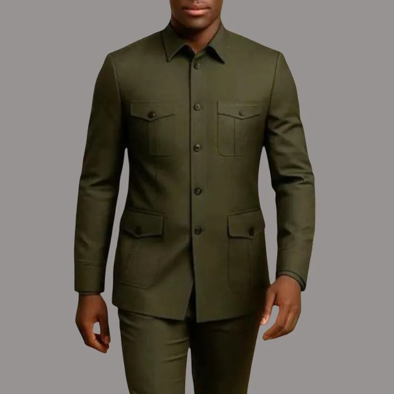 Ternos Casuais Masculinos Safari com Bolsos, Estilo de Moda Chinesa, Ajuste Slim, Terno de Casamento Sob Medida, 2 Peças, Jaqueta e Calças