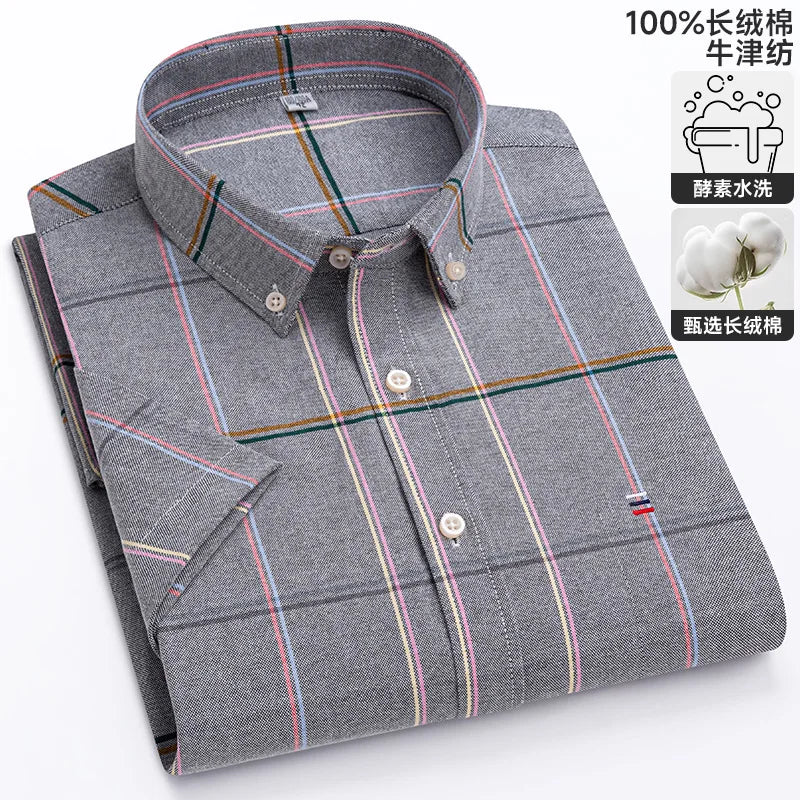 100% algodão puro oxford camisas masculinas manga curta xadrez macio regular ajuste formal vestido camisa blusa social roupas masculinas 6xl 7xl