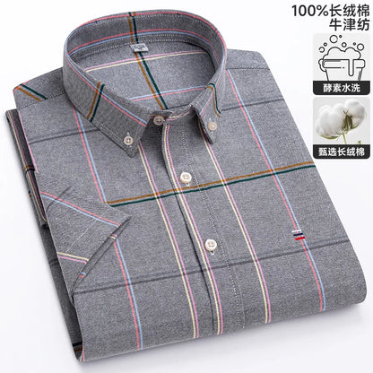 100% algodão puro oxford camisas masculinas manga curta xadrez macio regular ajuste formal vestido camisa blusa social roupas masculinas 6xl 7xl