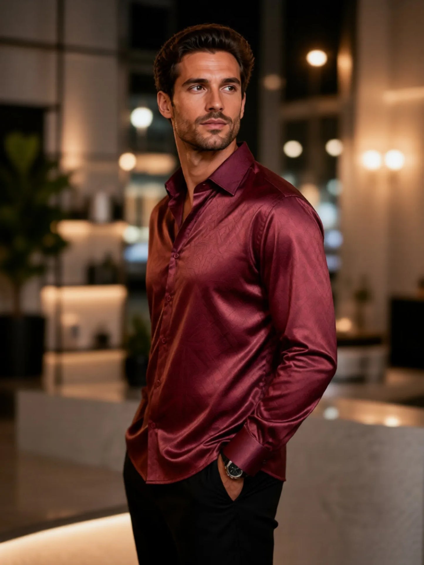 Camisa Social Masculina de Cetim com Manga Longa e Botões, Estampada, Tecido Liso e Brilhante, Ideal para o Dia a Dia, Escritório, Trabalho e Uso Diário