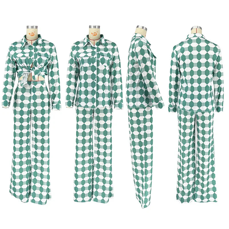 Conjuntos de calças com estampa xadrez, 2 peças, roupas femininas, elegante, camisa de manga comprida, top e calças de pernas largas, conjuntos de roupas de trabalho, clube