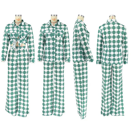 Conjuntos de calças com estampa xadrez, 2 peças, roupas femininas, elegante, camisa de manga comprida, top e calças de pernas largas, conjuntos de roupas de trabalho, clube