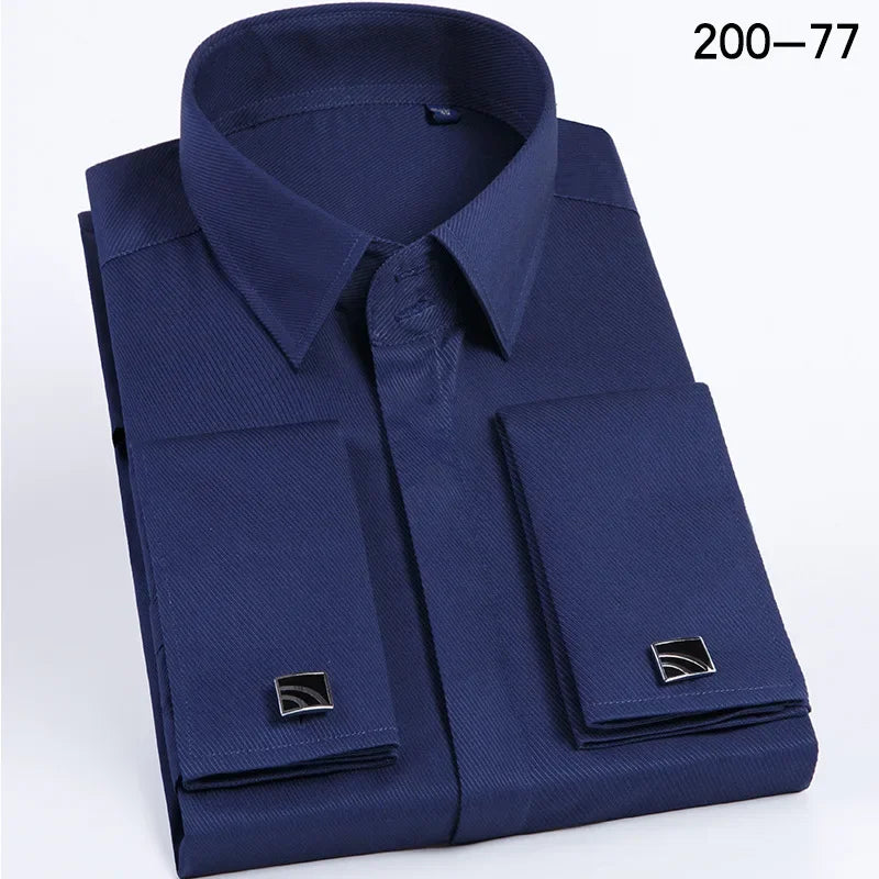 Qualidade masculina abotoaduras francesas camisa botão escondido camisa masculina manga longa casual fino ajuste manguito camisas de vestido (abotoaduras incluídas)