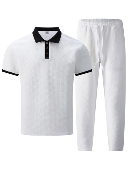 Conjunto Masculino de 2 Peças: Camisa Polo e Calça com Gola Texturizada em Contraste – Agasalho Casual para o Dia a Dia e Streetwear