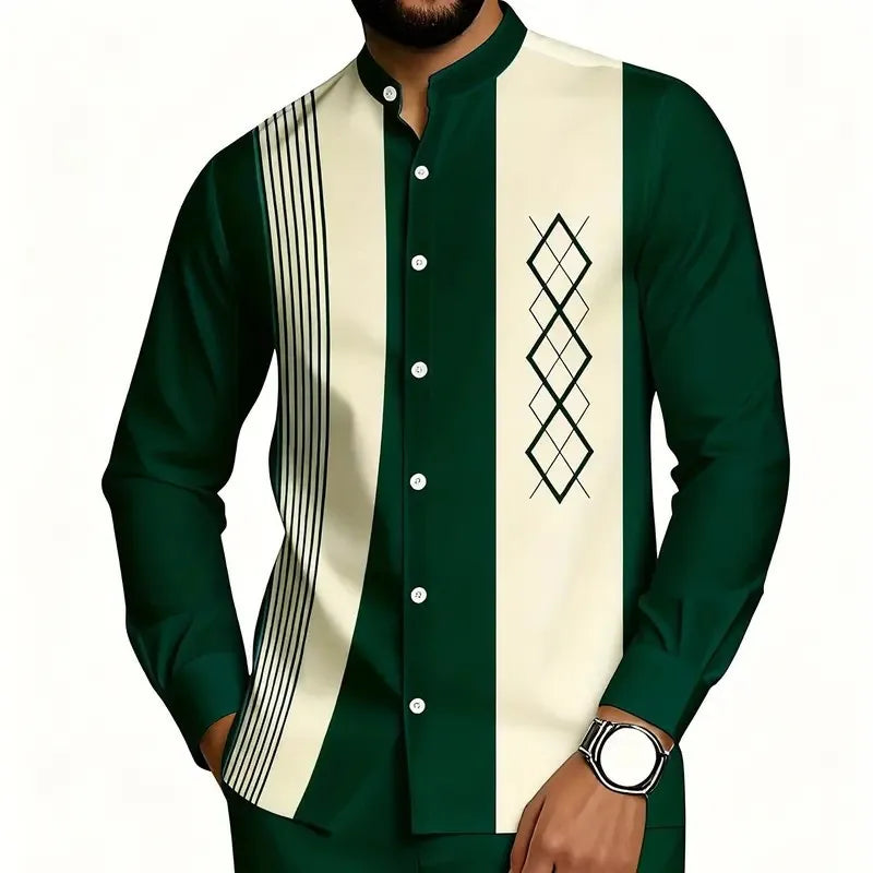 Camisa Masculina de Manga Longa com Gola Mandarim e Estampa Listrada de Diamante, Blusa Casual com Botões