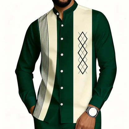 Camisa Masculina de Manga Longa com Gola Mandarim e Estampa Listrada de Diamante, Blusa Casual com Botões