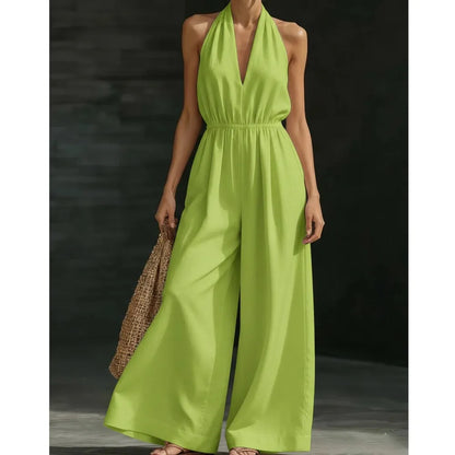 Macacão Feminino Halter Neck: Novo Macacão Casual Solto de Verão Francês com Decote V Sexy e Cor Sólida