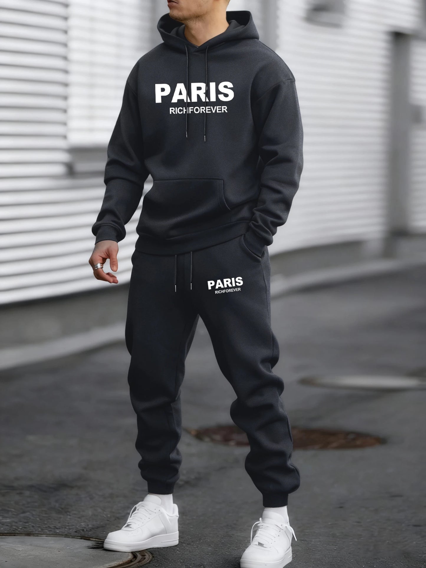 Paris Richforever Trendy Print Tracksuit For Mans Autumn Warm Loose Hoodies Fleece Simple Pants Unisex Loose Fashion Suits
