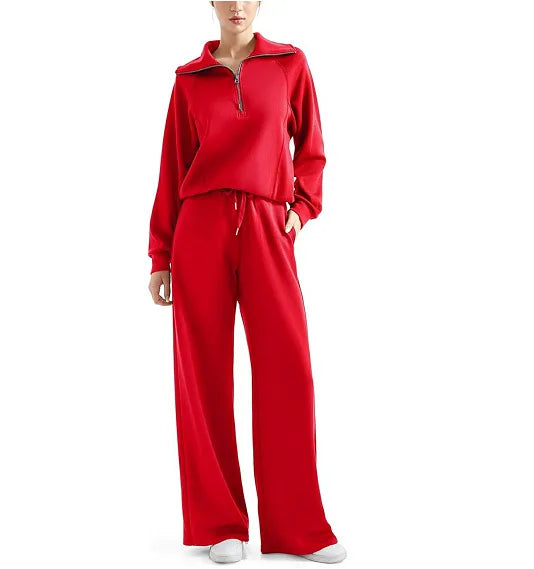 Conjunto de Moletom Feminino de 2 Peças: Blusão Forrado com Fleece Macio e Calça Fluida para Corrida ao Ar Livre e Viagens