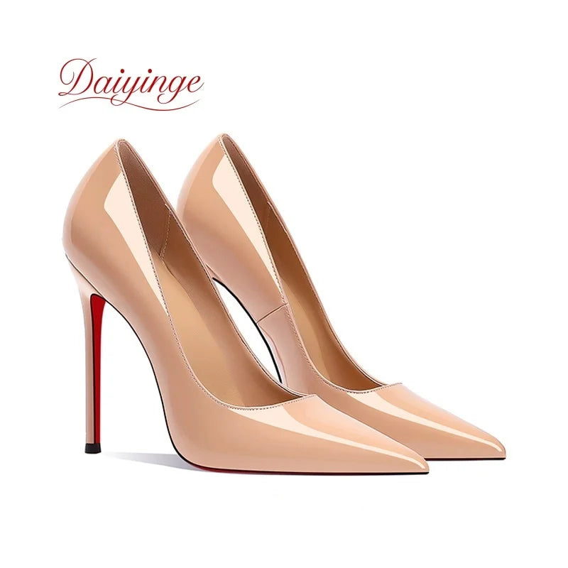Sapatos femininos da tendência 2026: luxuosos, com sola vermelha, salto alto, bico fino, scarpin agulha de 12 cm, confortáveis para festas e casamentos.