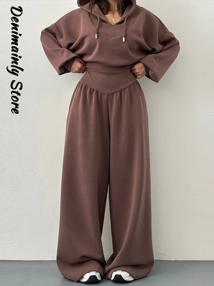 Casual azul escuro recortado calças com capuz conjunto feminino solto curto pulôver cintura alta calças de perna larga 2 peça conjunto 2026 femmes outfit