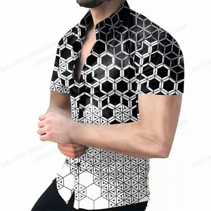 Camisas de praia com estampa geométrica 3D, camisas havaianas de manga curta, blusas masculinas, camisa gráfica, camisa Cuba, roupas masculinas