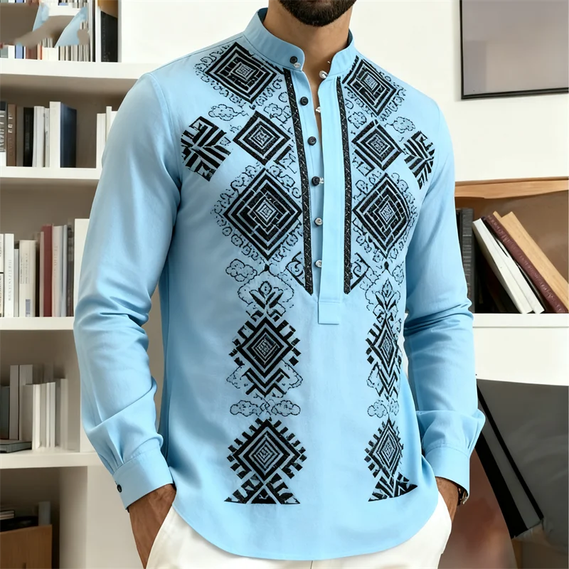 Nova Camisa Masculina de Manga Longa Estilo Étnico Retrô com Estampa 3D de Totem Tribal, Camisa Casual com Botões