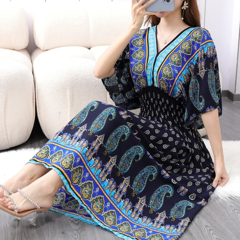 Flor colorida com decote em v elástico jovem boêmio doce midi vestido mulher roupas chique moda vestidos de verão 2025 grande balanço esqui