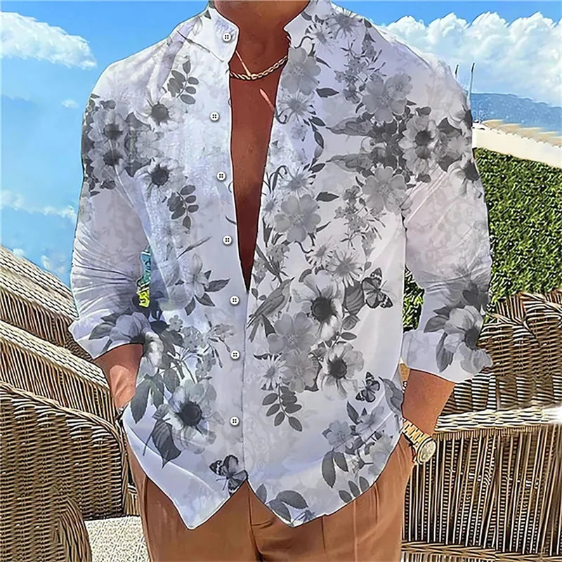Camisa masculina de manga comprida Camisa impressa em 3D de alta qualidade, padrão floral, primavera e outono, tecido casual e elegante e confortável