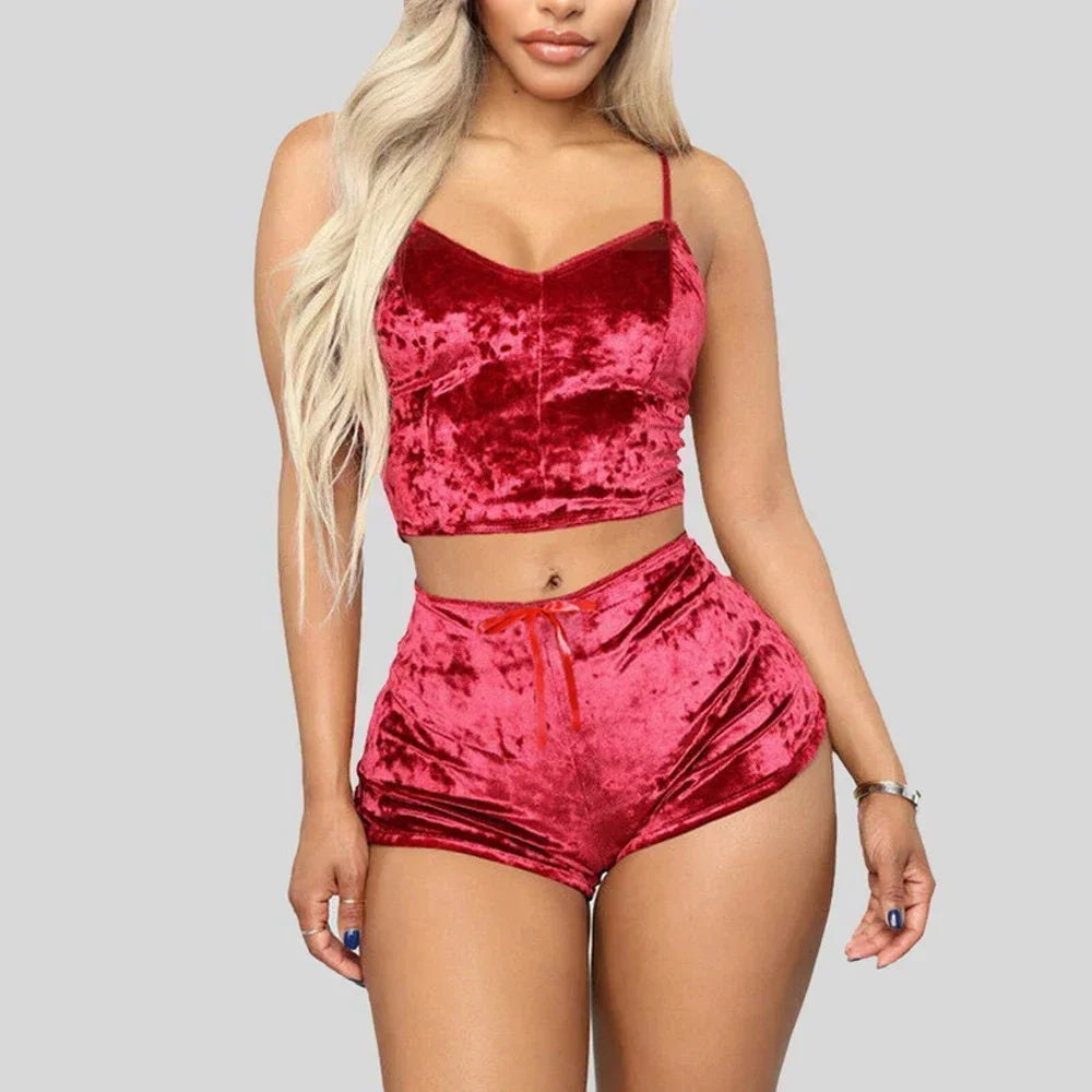 Conjunto de pijama de veludo sem mangas feminino, roupa interior confortável com decote em v, blusa e shorts, poliéster Homewear, 2 peças por conjunto