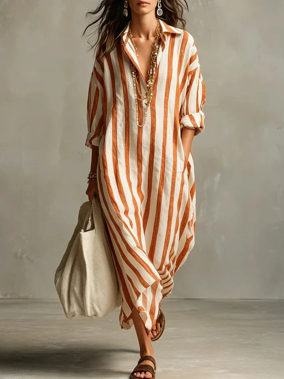 Vestido Chemise Longo Estampado Listrado com Decote V Solto, Tendência Oversize, Moda Primavera/Verão 2026, Novo Modelo para Comércio Europeu e Americano