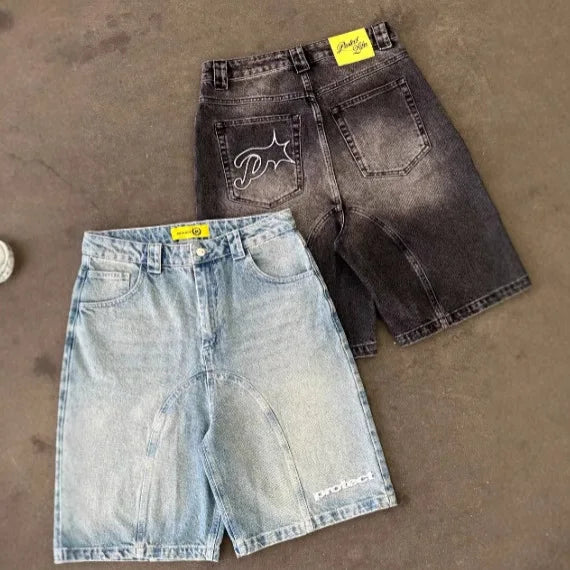 Vintage y2k homens mulheres harajuku calças de brim curtas lavadas bordado americano retro homem denim shorts verão solto hip hop streetwear