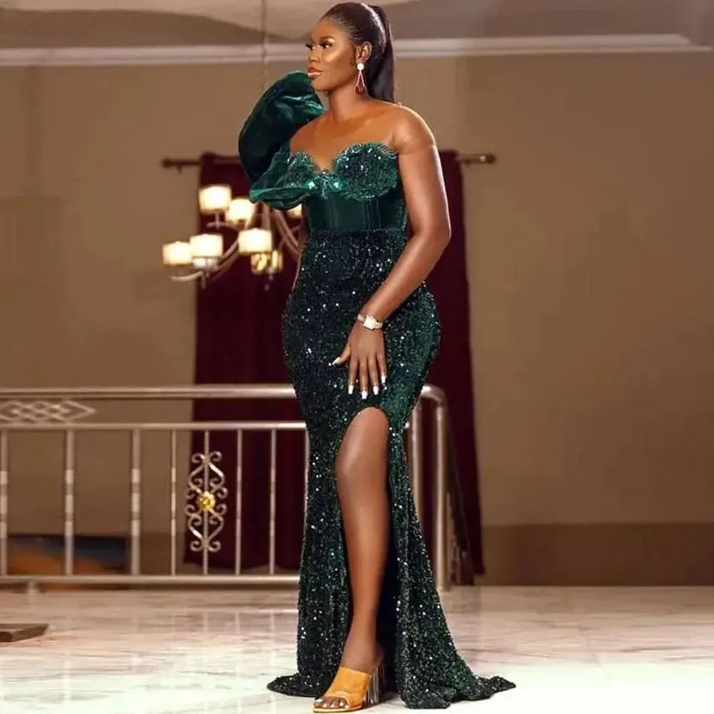 Verde Escuro Africano Sequined Prom Vestidos Mulheres Sexy Um Ombro Ruched Sereia Vestidos Segunda Recepção Robes Personalizado