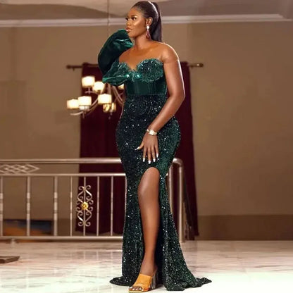 Verde Escuro Africano Sequined Prom Vestidos Mulheres Sexy Um Ombro Ruched Sereia Vestidos Segunda Recepção Robes Personalizado