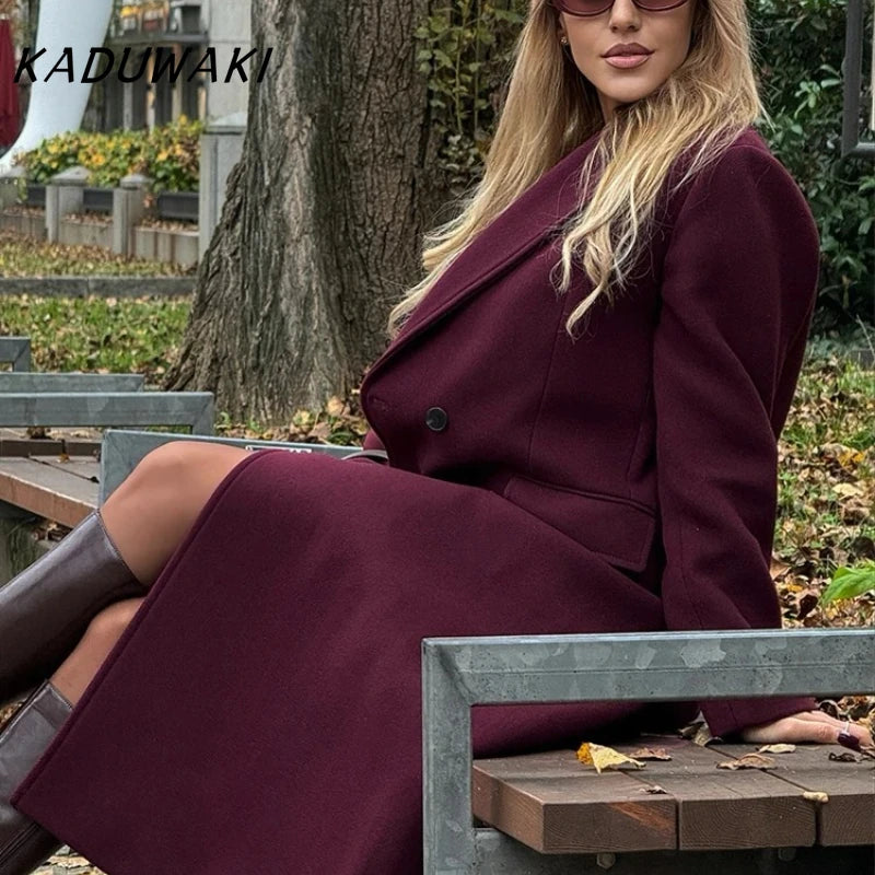Casaco longo feminino KADUWAKI de lã, casual, elegante, com gola dobrável, mangas compridas, bolsos e abotoamento duplo, ideal para outono e inverno.