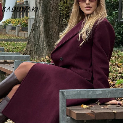 Casaco longo feminino KADUWAKI de lã, casual, elegante, com gola dobrável, mangas compridas, bolsos e abotoamento duplo, ideal para outono e inverno.