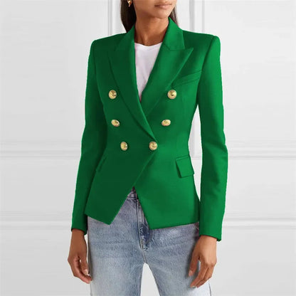 Blazer feminino de alfaiataria, modelo slim, estilo europeu/americano, para primavera/outono, com abotoamento duplo.