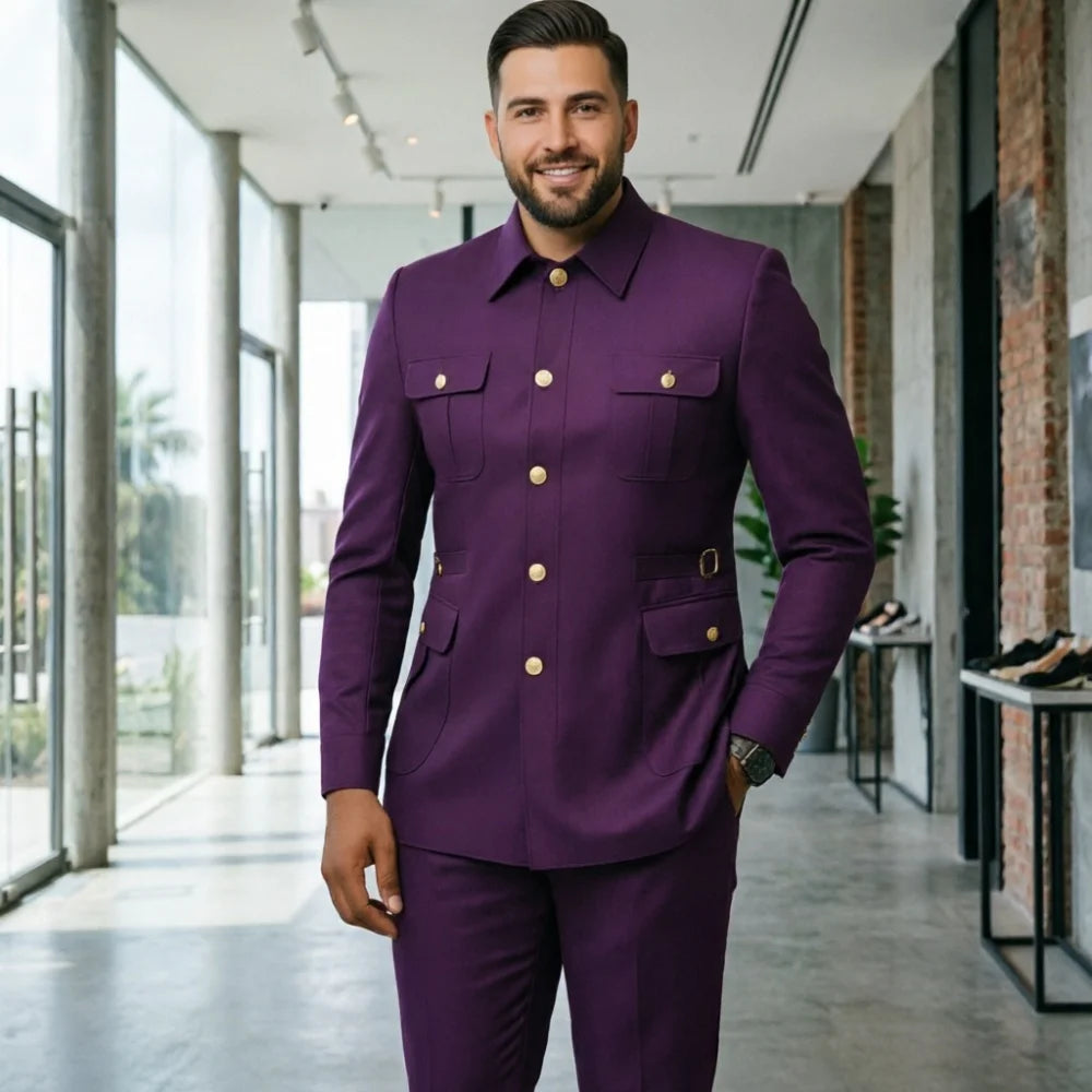 Ternos masculinos pretos, estilo clássico britânico, com botões roxos e dourados, terno safari sob medida, blazer formal para negócios, banquetes, bailes e eventos.